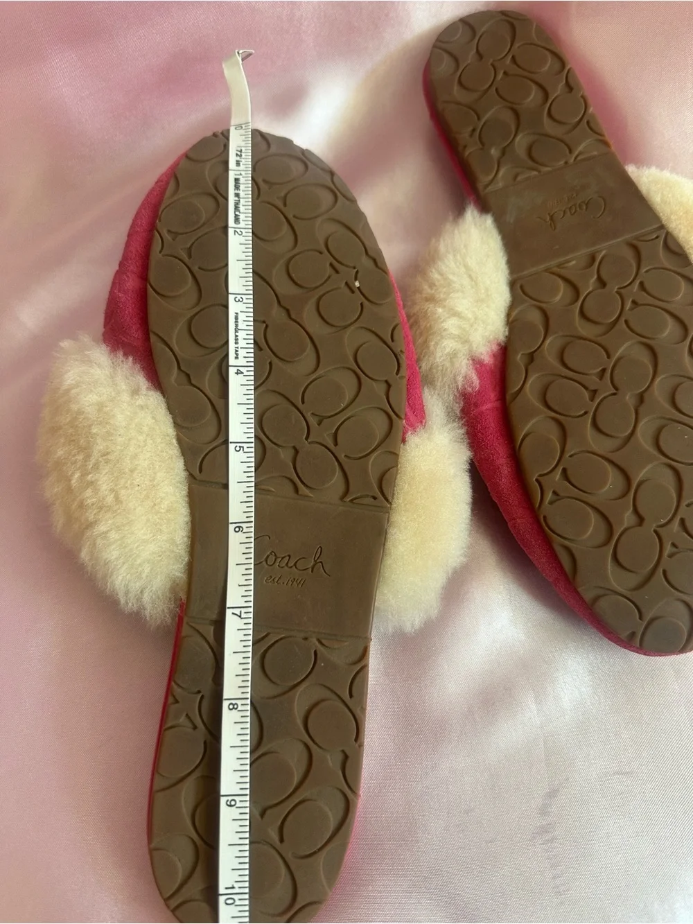 Coach CARRA signature C monogram embossed fur trim slide slippers